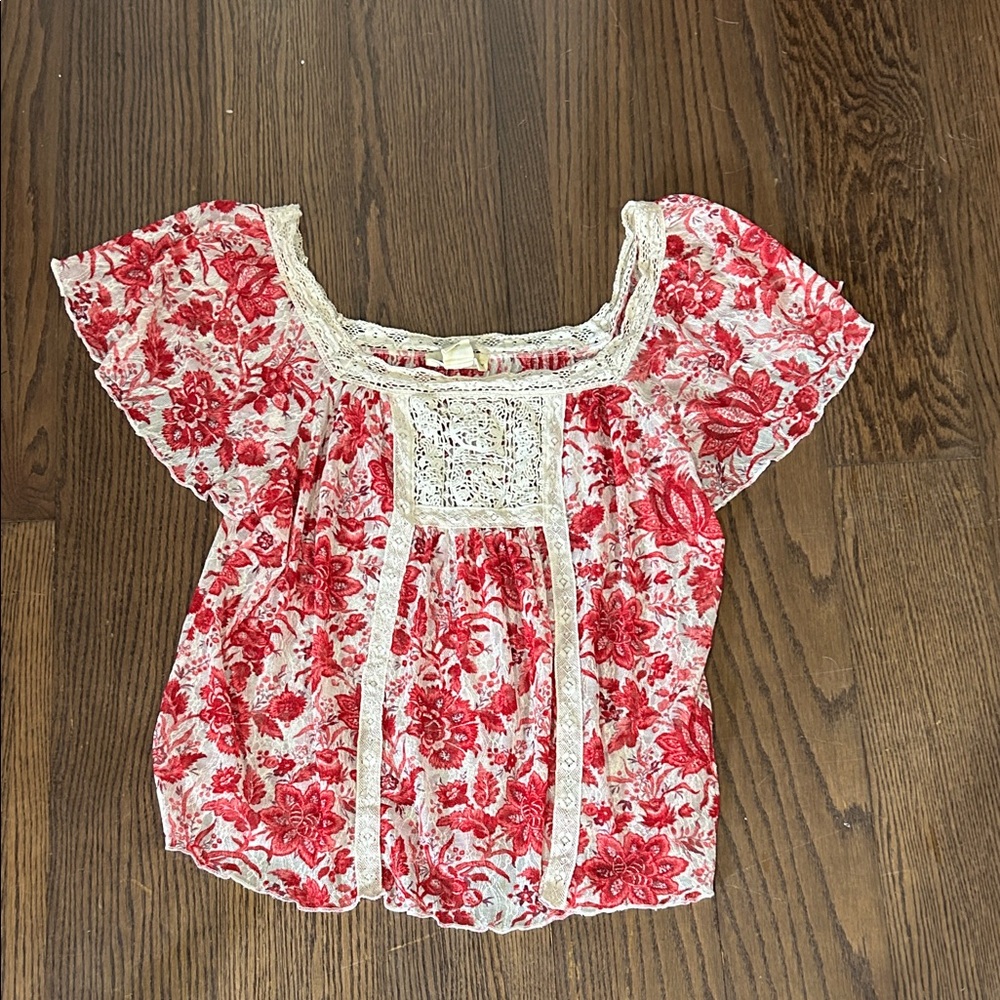 Ralph Lauren Denim & Supply Cream Lace Top with Red Floral Accents